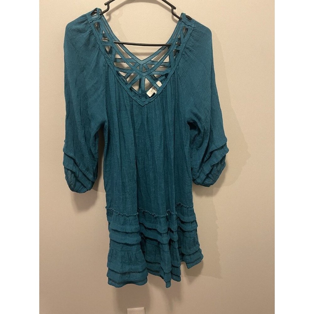 Umgee Plus Size Small Bohemian Boho Cut Out Tiered Ruffle Tunic Top Jade